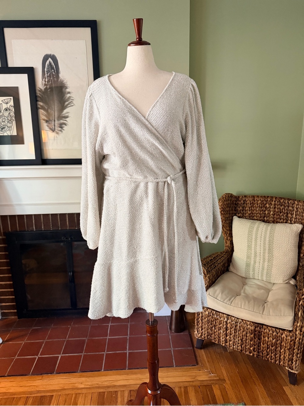 Anthropologie Bouclé Knit True Wrap Sweater Dress Oatmeal Size 3X